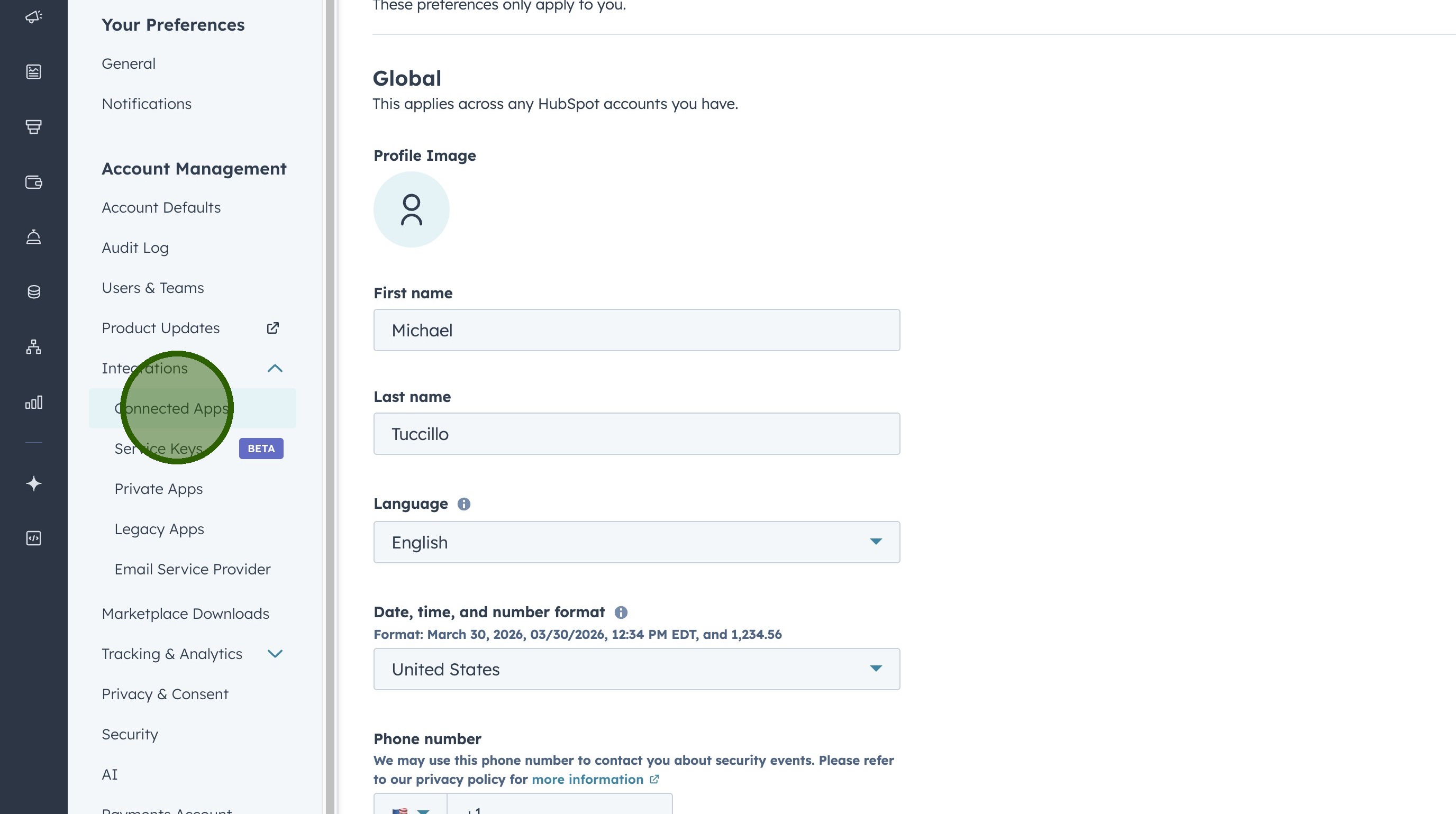 HubSpot Connected Apps navigation