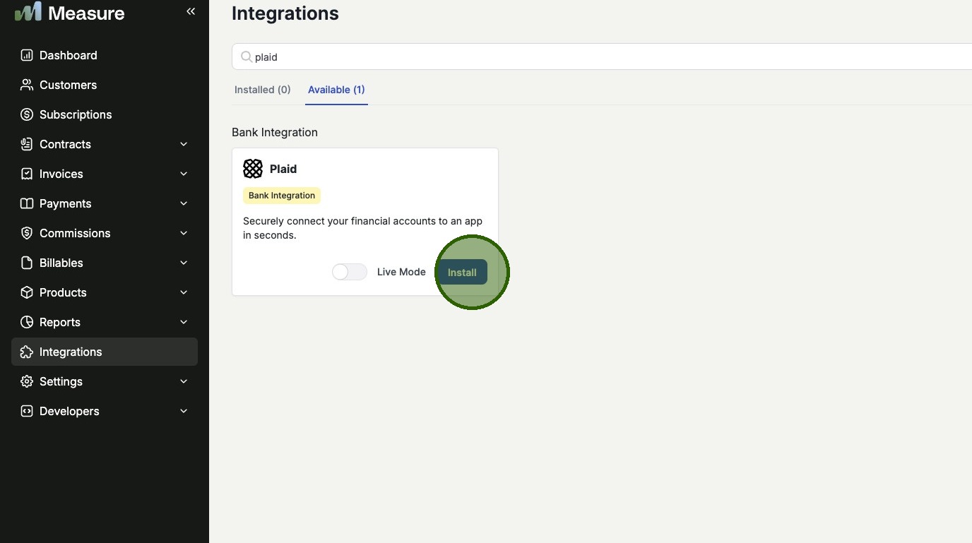 Click Install on Plaid integration