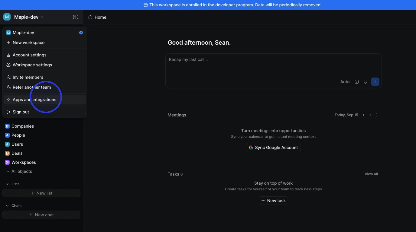 Attio workspace menu