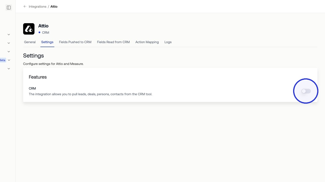 CRM sync configuration screen