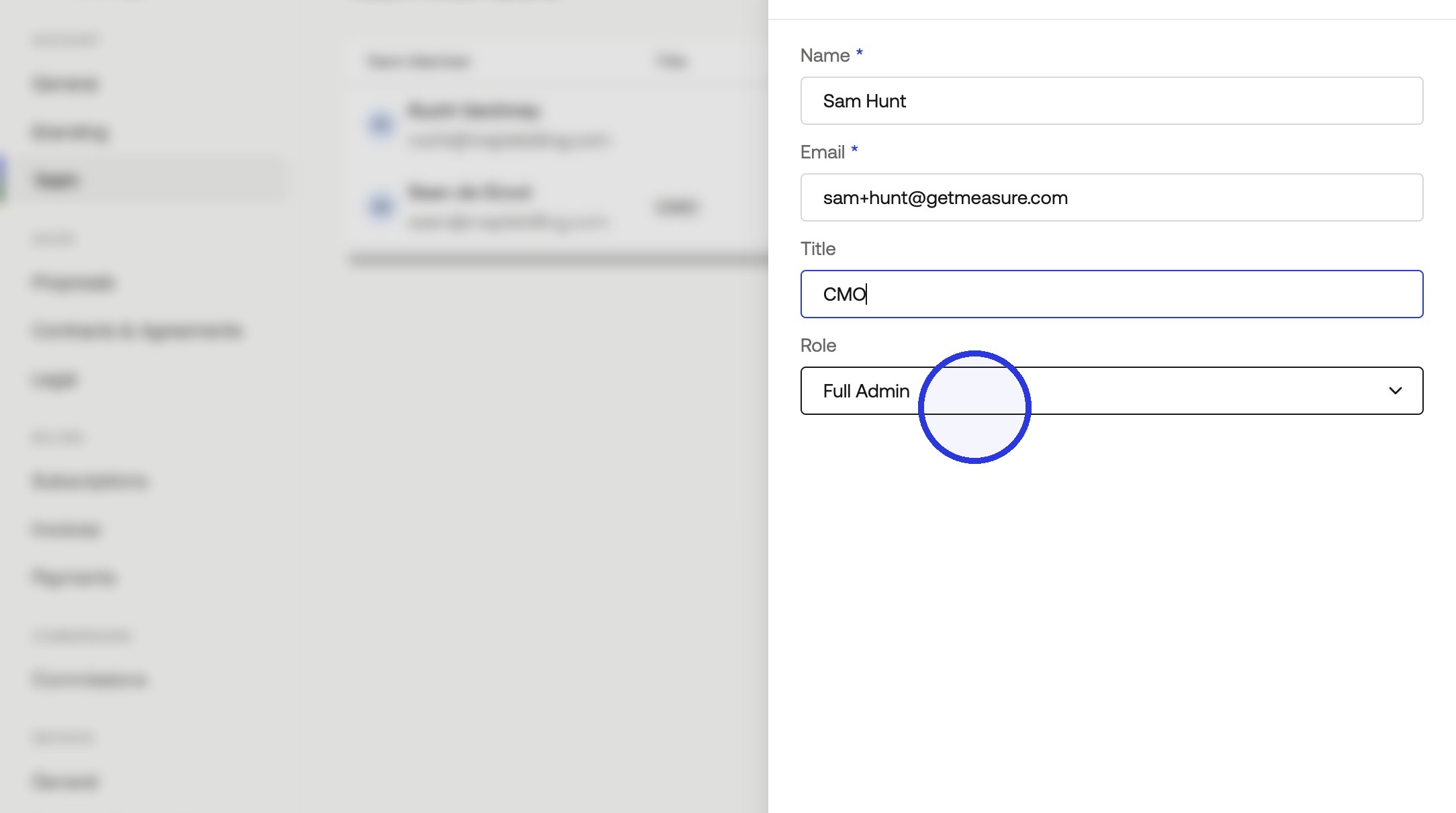 Invite form with name, title, email, and role fields