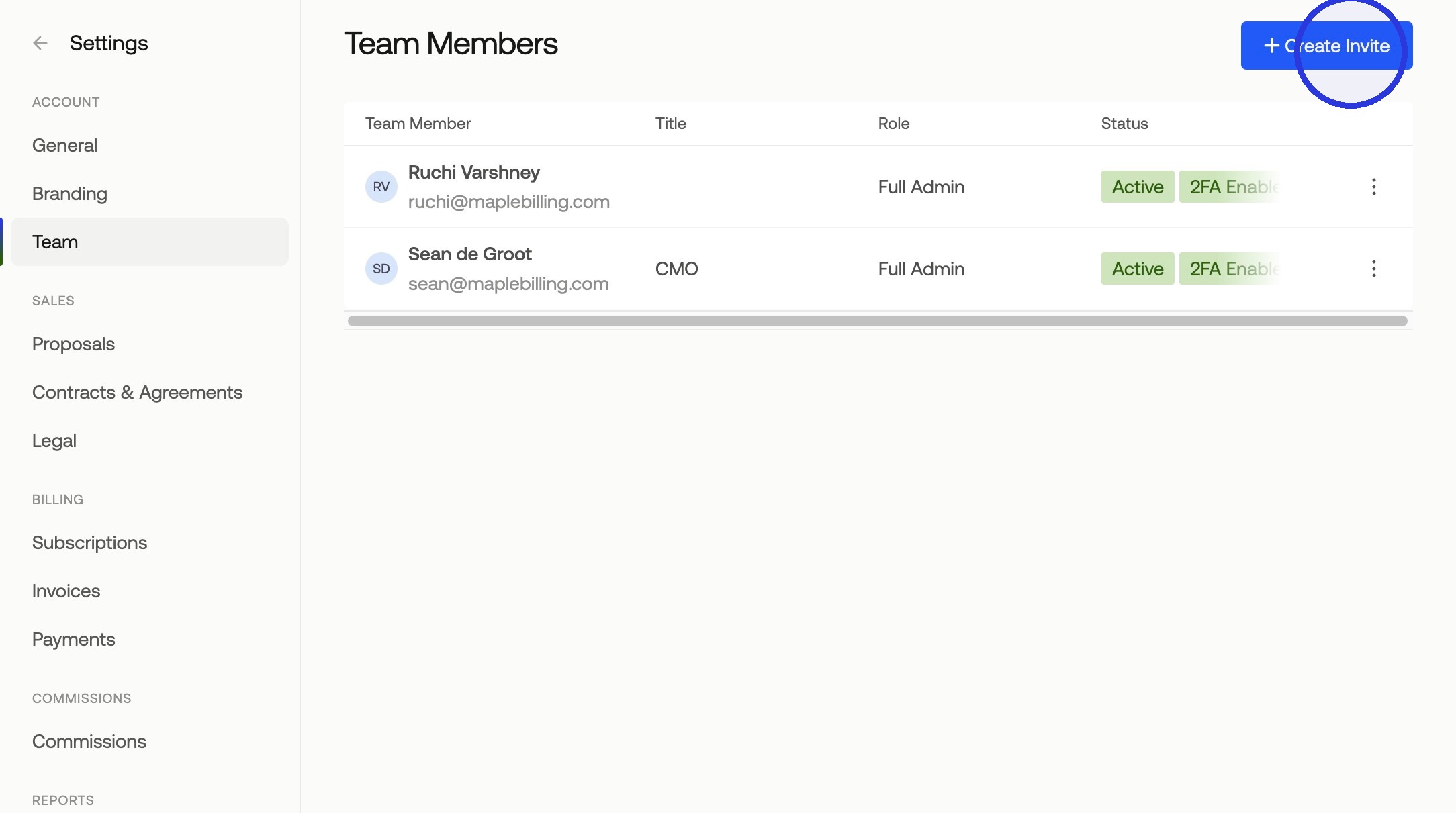 Team settings page with Create Invite button
