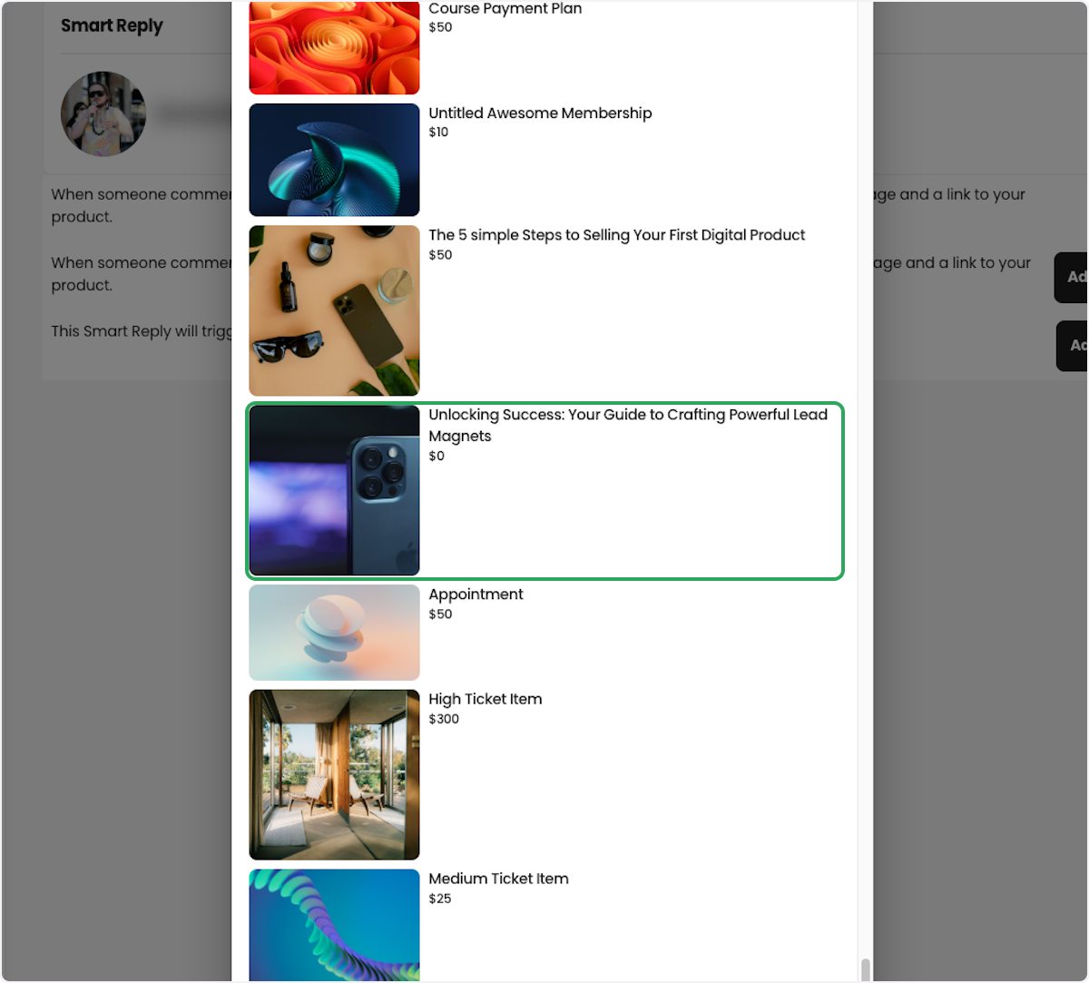 Select the product you want to send in the automation