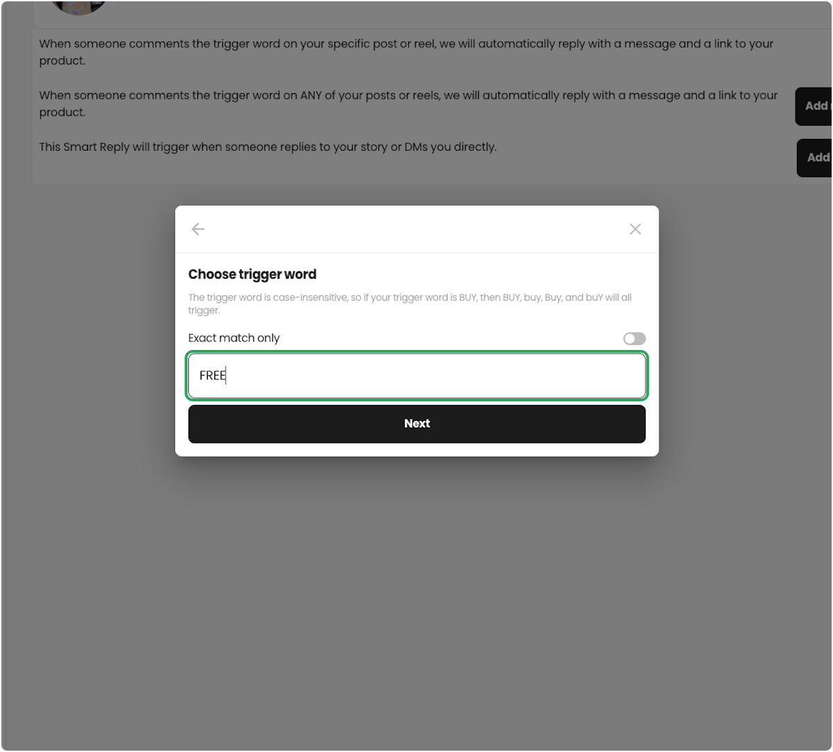 Type the trigger word to activate the automation