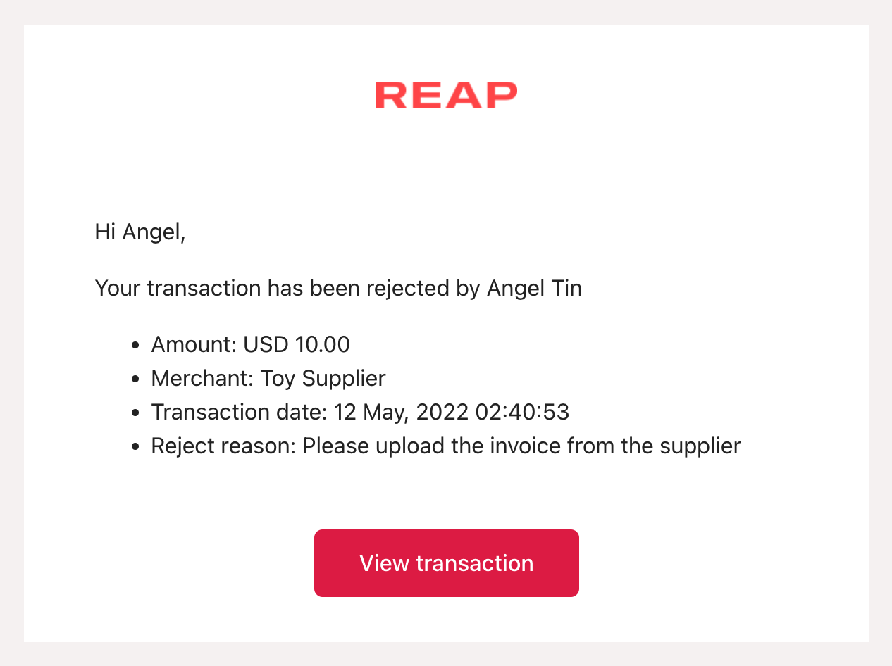 Cardholder's email confirmation