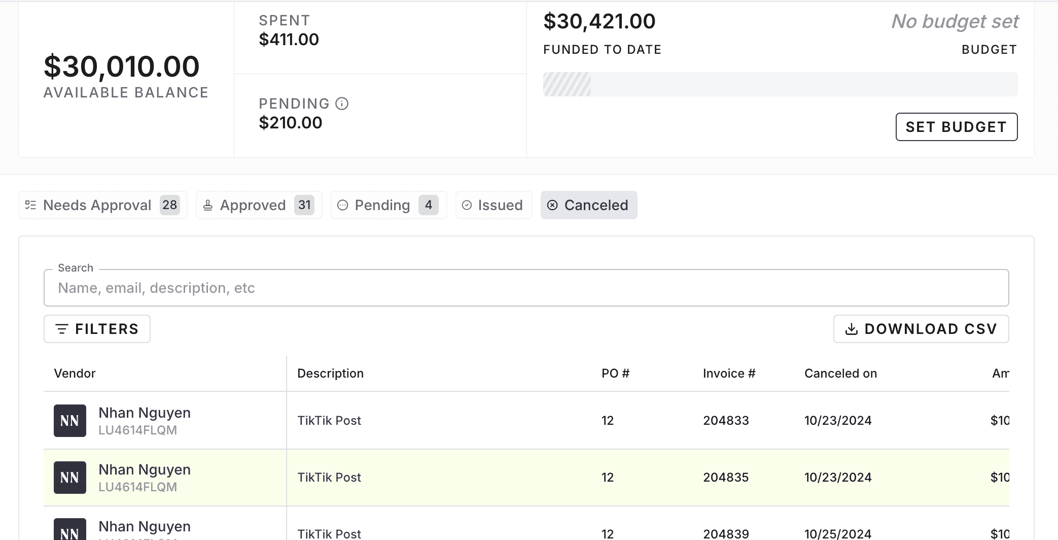 Where can I find a record of my workspace's canceled invoices?