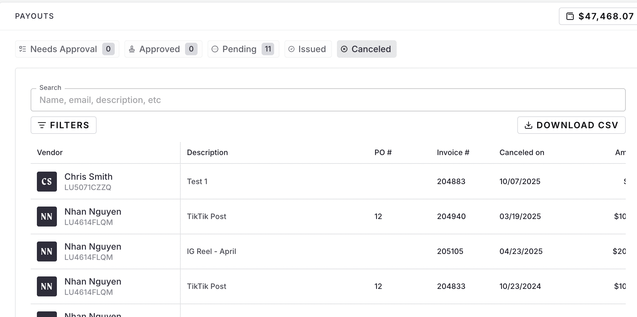 Where can I find a record of my workspace's canceled invoices?