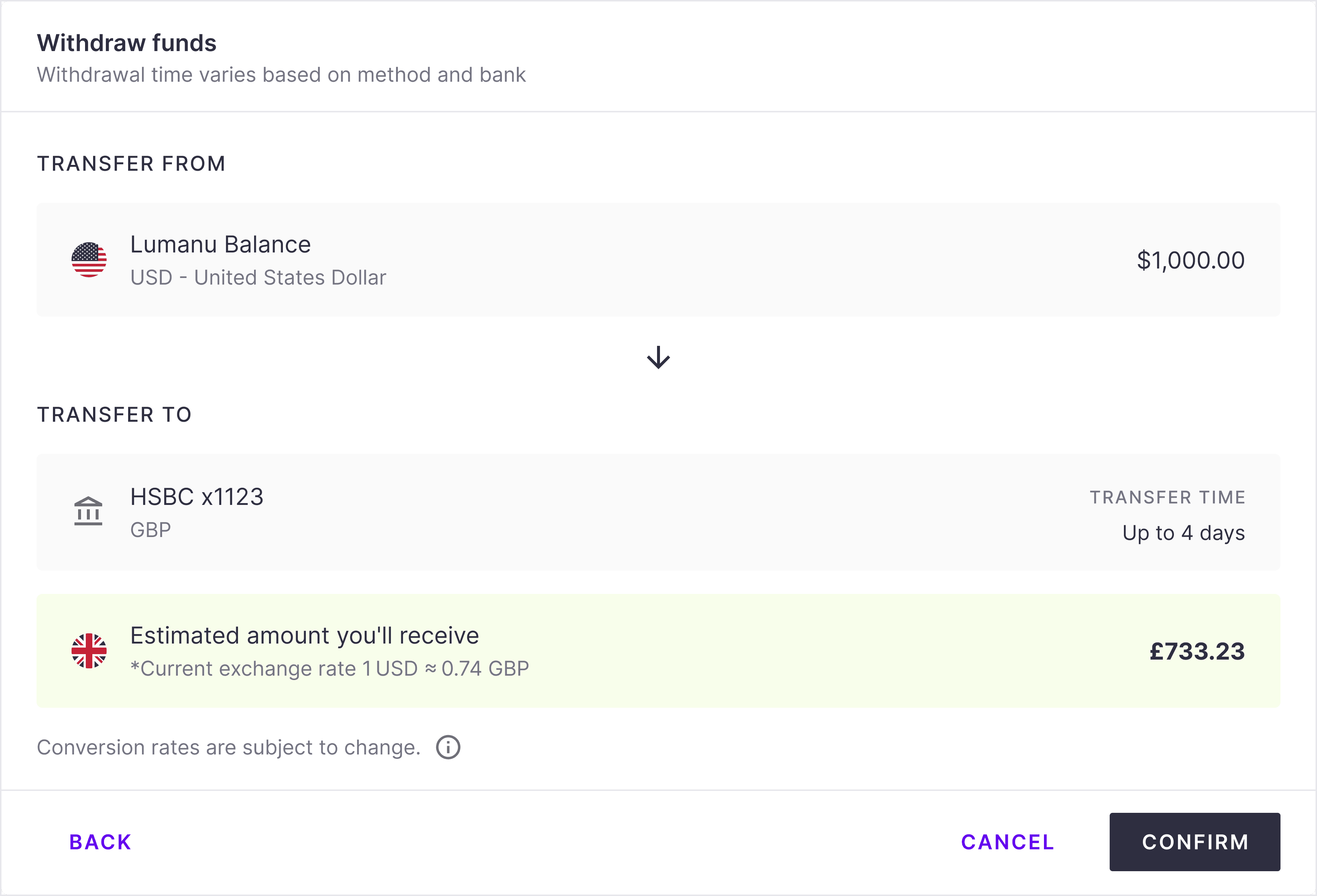 Understanding conversion rates when withdrawing funds