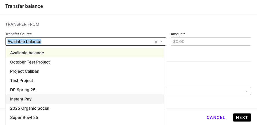 Transferring Funds to a Project