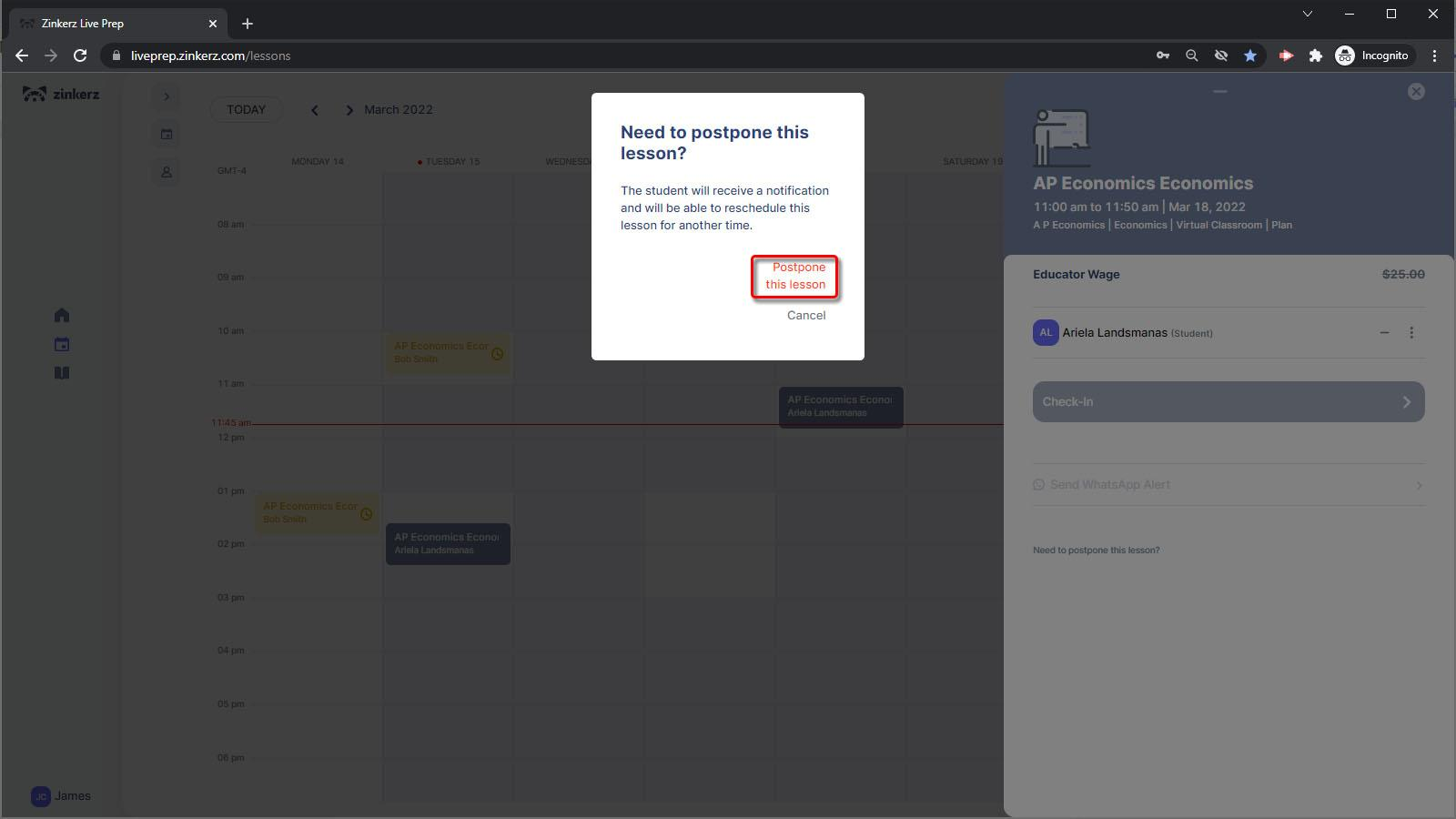 Postpone this lesson confirmation popup