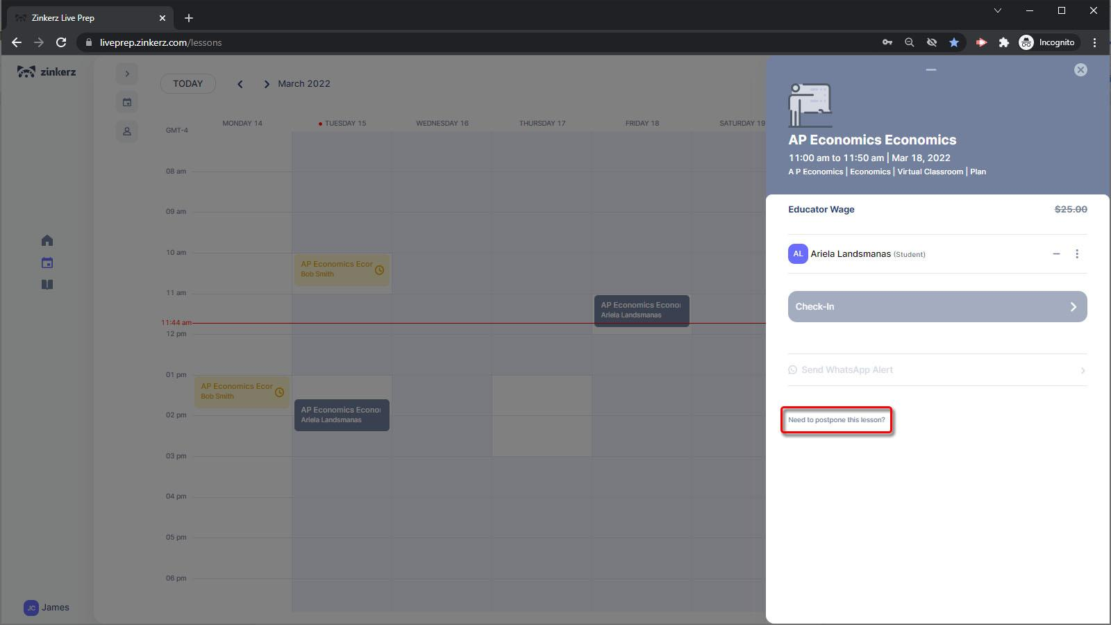 Lesson popup with Need to postpone this lesson option
