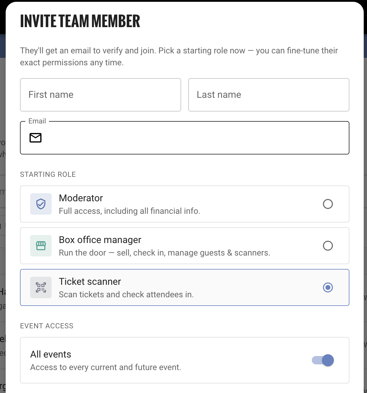 Invite Team Member dialog