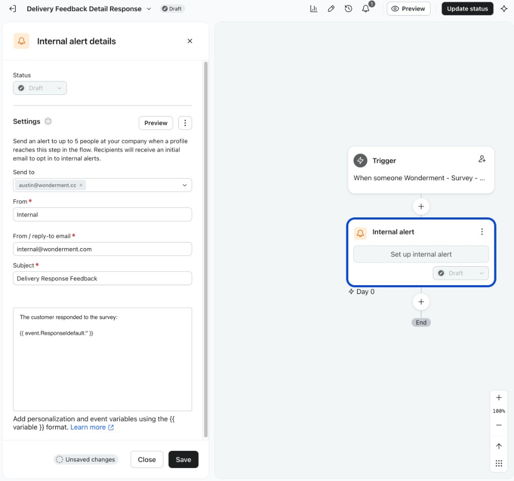 Klaviyo Flow triggered by the Delivery Feedback Detail Response event